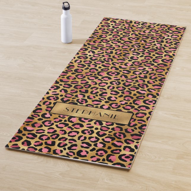 Chic Pink Gold Leopard Print Personalised Yoga Mat (In Situ)