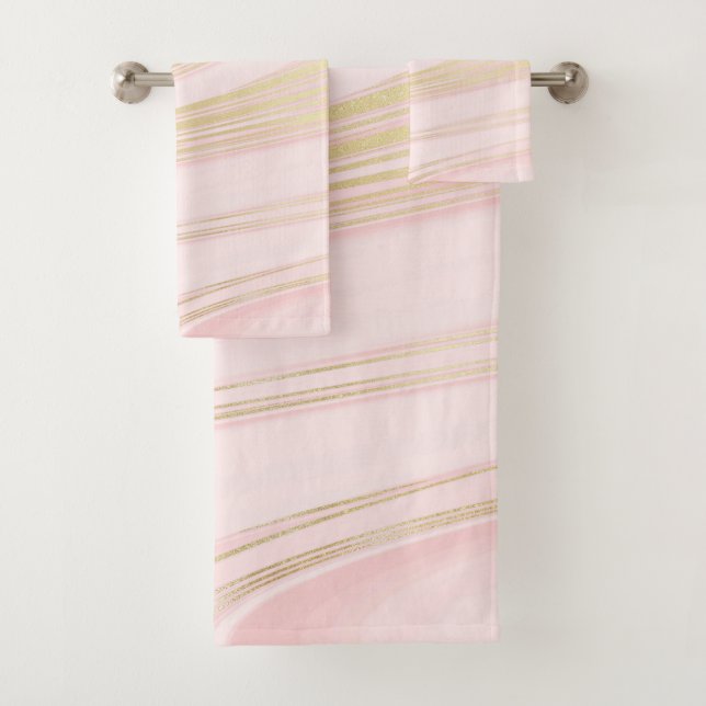 Chic Pink Gold Marble Swirl Pattern  Bath Towel Set (Insitu)