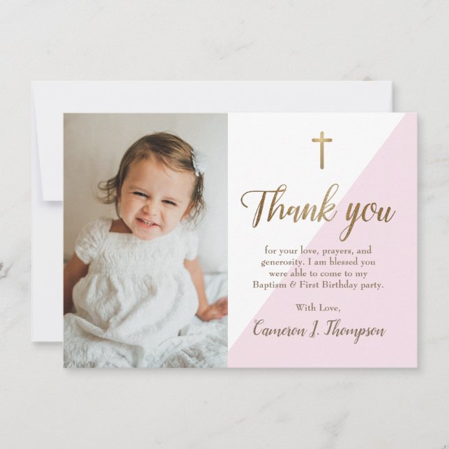 Chic Pink Gold Modern First birthday baptism photo Thank You Card (Front)
