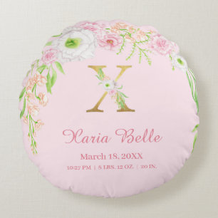 Chic Pink Gold Monogram "X" Baby Girl Stats Round Cushion