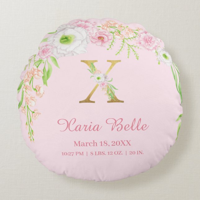 Chic Pink Gold Monogram "X" Baby Girl Stats Round Cushion (Front)