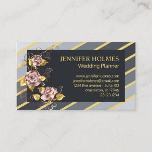 Chic Pink Gold Rose Floral Golden Grey Stripes Business Card