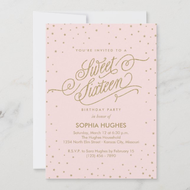 Chic Pink & Gold Stars Sweet Sixteen Party Invitation (Front)