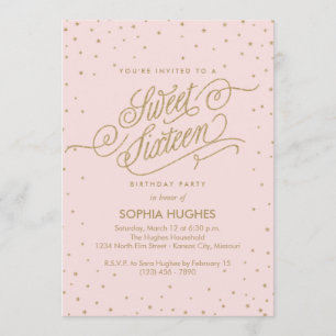 Chic Pink & Gold Stars Sweet Sixteen Party Invitation