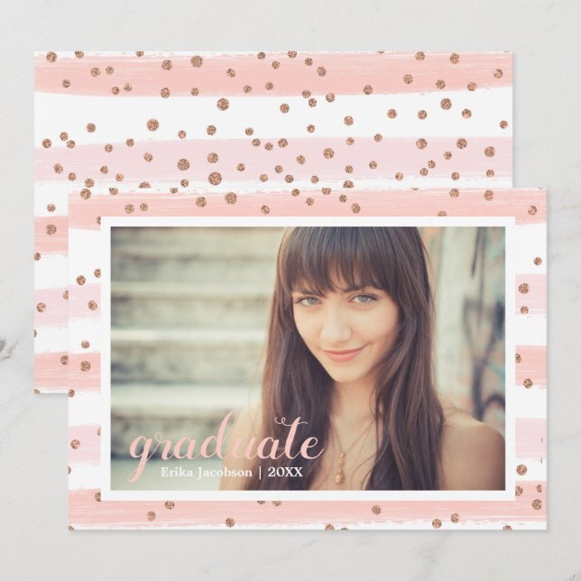 Chic Pink & Gold Striped Graduate Party Cards (Front/Back)