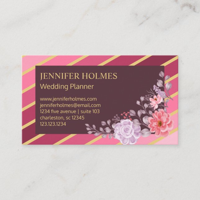 Chic Pink Gold Stripes Floral Business Card (Front)