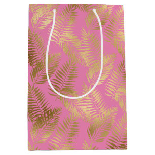 Chic Pink Gold Tropical Leaves Medium Gift Bag