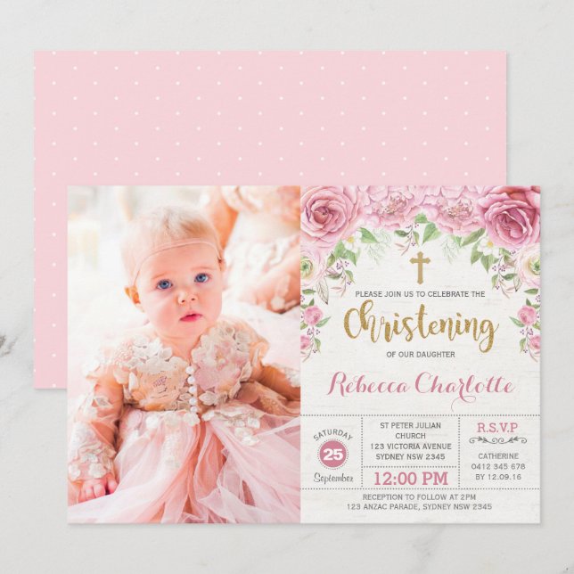 Chic Pink Gold Watercolor Floral Roses Christening Invitation (Front/Back)