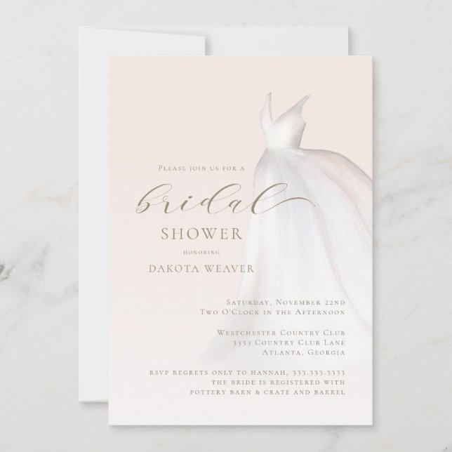Chic Pink Gold Wedding Dress Bridal Shower Invitation (Front)