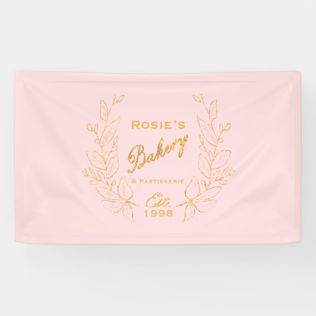 Chic Pink Gold Wreath Bakery Script Logo Banner (Horizontal)