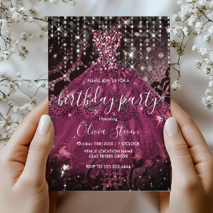 Chic pink gown black lace glitter drips monogram invitation