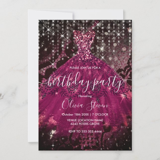 Chic pink gown black lace glitter drips monogram invitation (Front)
