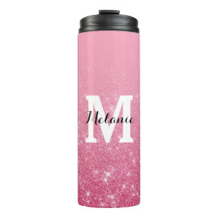 Chic Pink Gradient Faux Glitter Monogram Thermal Tumbler