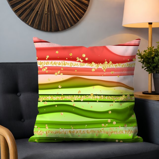 Chic Pink Green Abstract Wave Gold Glitter Sparkle Cushion (Creator Uploaded)