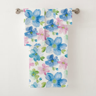 Chic Pink Green Blue Floral Bath Towel Set
