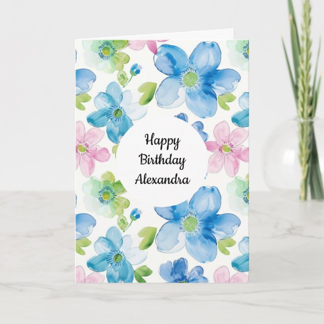 Chic Pink Green Blue Floral Birthday Card (Front)