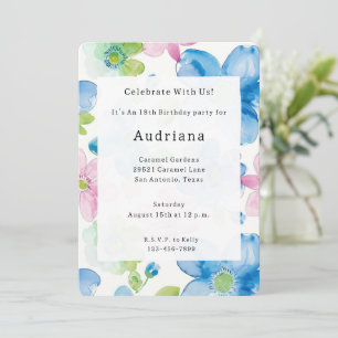 Chic Pink Green Blue Floral Birthday Invitation