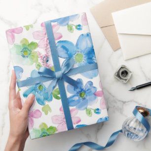 Chic Pink Green Blue Floral Birthday Wrapping Paper