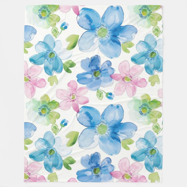Chic Pink Green Blue Floral Fleece Blanket (Front)