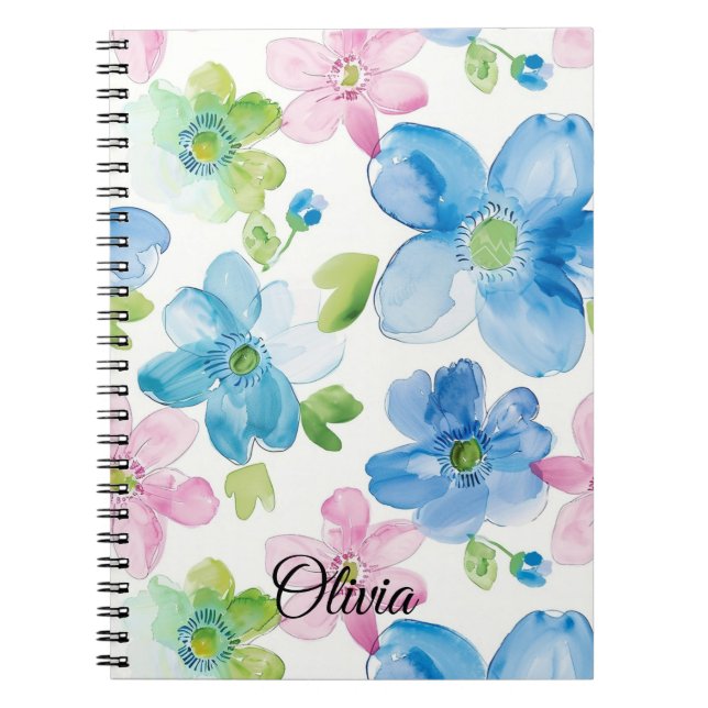 Chic Pink Green Blue Floral  Notebook (Front)