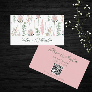 Chic Pink & Green Country Floral QR Code Business Card