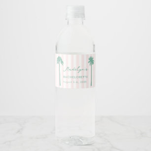 Chic Pink & Green Fan Palm Tree Bachelorette Party Water Bottle Label
