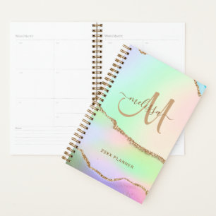 Chic Pink Green Pastel Gold Glitter Monogram 2023 Planner