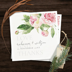 CHIC PINK GREEN PEONY FLORAL LOVE THANKS WEDDING NAPKIN