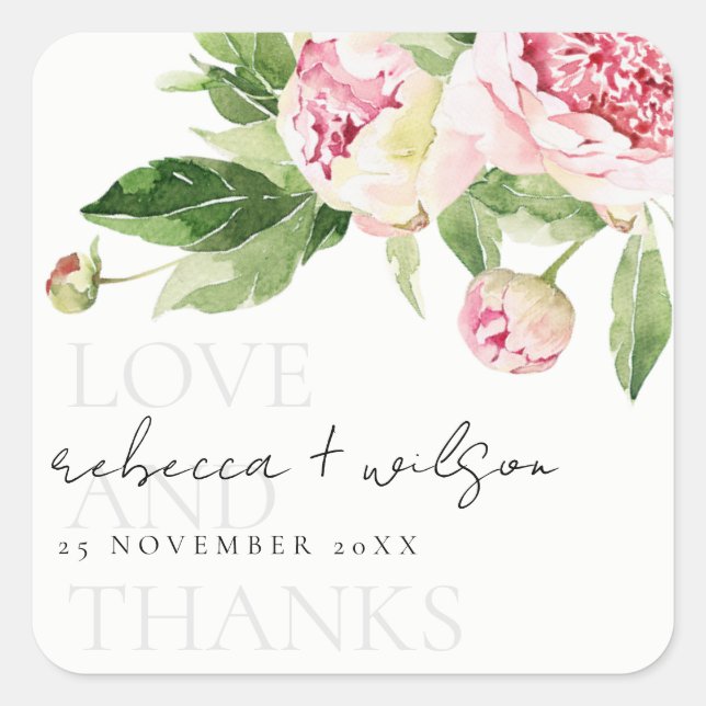 CHIC PINK GREEN PEONY FLORAL LOVE THANKS WEDDING  SQUARE STICKER (Front)