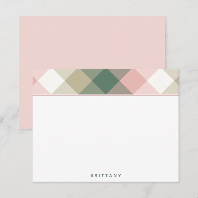 Chic Pink Green Plaid Personalised Flat Note Card (Front/Back)