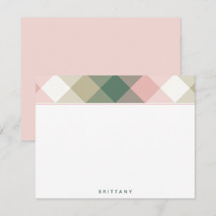 Chic Pink Green Plaid Personalised Flat Note Card