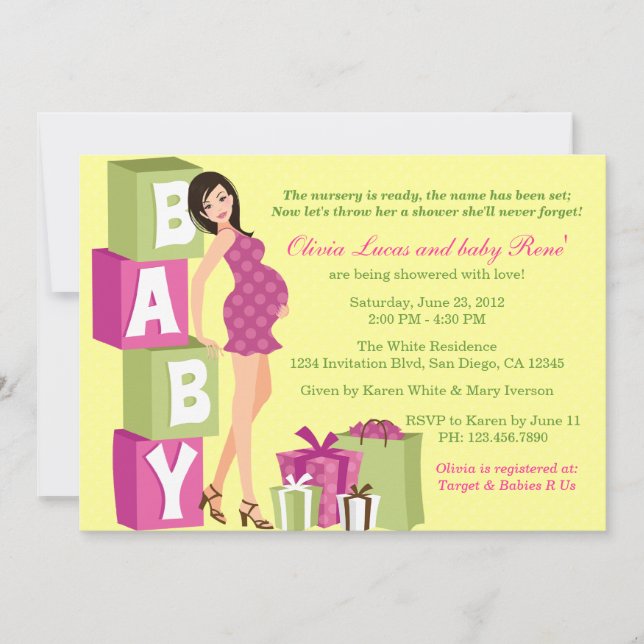 Chic Pink Green Polka Dot Modern Mum Baby Shower Invitation (Front)