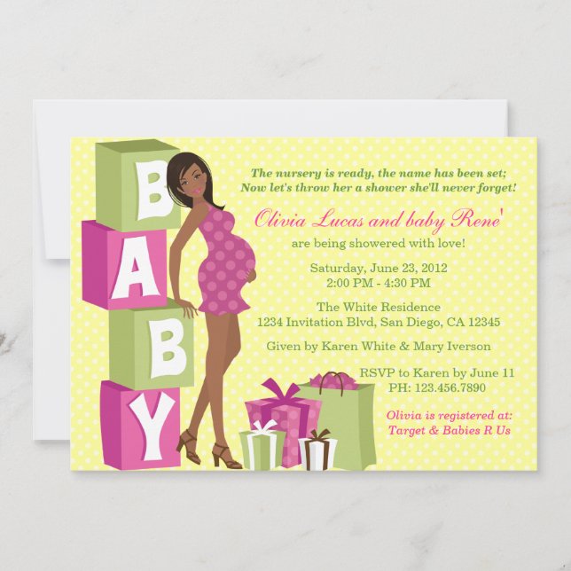 Chic Pink Green Polka Dot Modern Mum Baby Shower Invitation (Front)