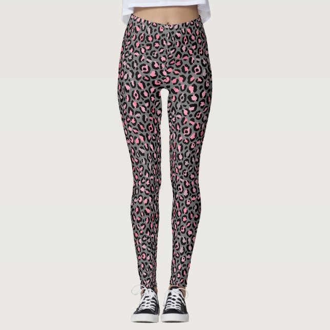 Chic Pink Grey Leopard Print Leggings (Front)