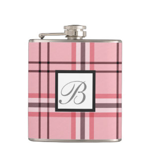 Chic Pink & Grey Plaid Fashion Pattern Hip Flask