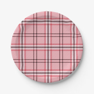 Chic Pink & Grey Plaid Fashion Pattern Party Paper Plate
