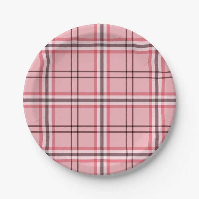 Chic Pink & Grey Plaid Fashion Pattern Party Paper Plate (Front)