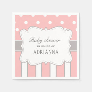 Chic Pink Grey Polka Dots Stripes Baby Shower Napkin