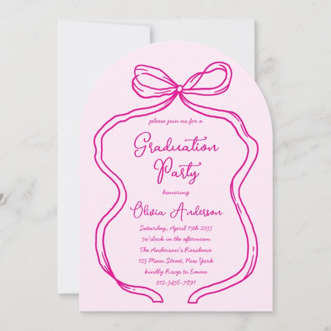 Chic Pink Hand Drawn Bow & Script Graduation Party Invitation (Front)