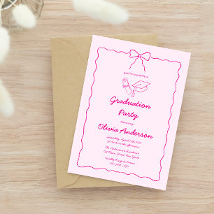 Chic Pink Hand-Drawn Bow Squiggle Graduation Party Invitation
