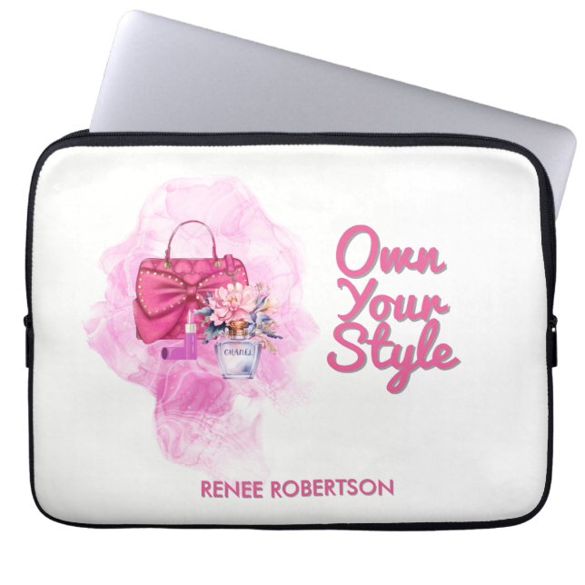 Chic Pink Handbag & Floral Design Laptop Sleeve (Front)