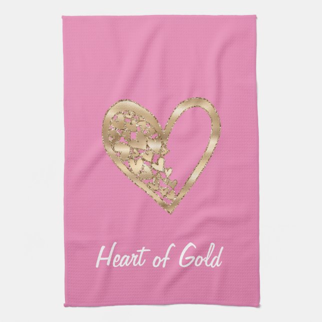 Chic Pink Heart of Gold Tea Towel (Vertical)