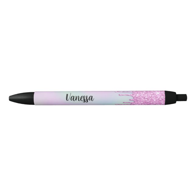 Chic Pink Holographic Glitter Drips  Black Ink Pen (Front)