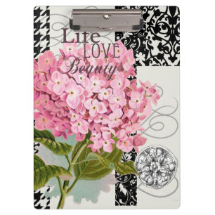 Chic Pink Hydrangea Collage Vintage Damask Art Clipboard