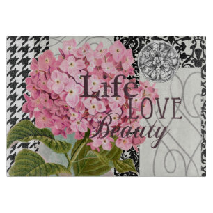 Chic Pink Hydrangea Collage Vintage Damask Art Cutting Board