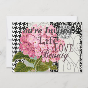Chic Pink Hydrangea Collage Vintage Damask Art Invitation