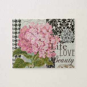 Chic Pink Hydrangea Collage Vintage Damask Art Jigsaw Puzzle