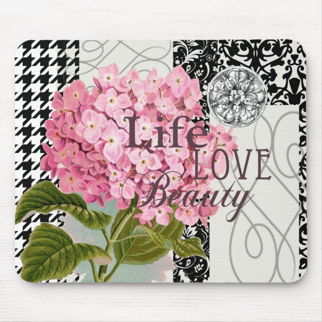 Chic Pink Hydrangea Collage Vintage Damask Art Mouse Mat (Front)