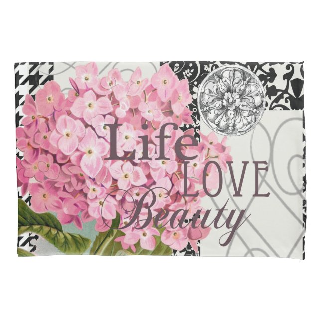 Chic Pink Hydrangea Collage Vintage Damask Art Pillowcase (Front)