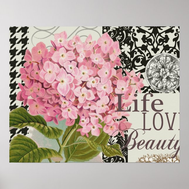 Chic Pink Hydrangea Collage Vintage Damask Art Poster (Front)
